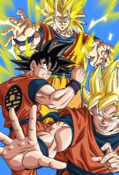 Rule 34 | 3boys, black eyes, black hair, blonde hair, blue background, cleaned, clone, dougi, dragon ball, energy, fighting stance, green eyes, grin, highres, long hair, looking at viewer, male focus, multiple boys, official art, open mouth, outstretched arms, outstretched hand, short hair, smile, son goku, spiked hair, super saiyan, super saiyan 1, super saiyan 3, very long hair, wristband, yamamuro tadayoshi