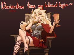 Rule 34 | 1girl, armor, barefoot, blonde hair, bracelet, breasts, brown background, cape, centurii-chan, centurii-chan (artist), chalice, colored eyelashes, commentary, crossed legs, cup, english commentary, english text, gradient background, greco-roman clothes, head wreath, highres, holding, holding cup, jewelry, large breasts, long hair, looking at viewer, muscle cuirass, open mouth, original, roman armor, roman clothes, simple background, single bare shoulder, sitting, smile, solo, teeth, upper teeth only, yellow eyes