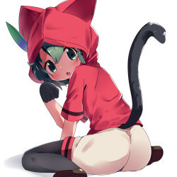 Rule 34 | 10s, 1girl, :o, adapted costume, animal ears, animal hood, ass, black hair, black pantyhose, blush, cat ears, cat tail, ears through headwear, female focus, from behind, hair between eyes, highres, hood, hoode, kaban (kemono friends), kemono friends, kemonomimi mode, looking at viewer, looking back, makuran, open mouth, pantyhose, pantyhose under shorts, paw pose, shoe soles, shoes, short sleeves, shorts, simple background, sitting, solo, tail, wariza, white background