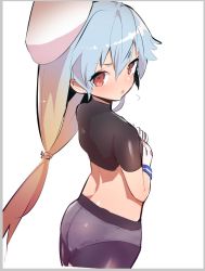 Rule 34 | 1girl, ass, bad id, bad twitter id, black pantyhose, black shirt, blue hair, blush, brown eyes, caburi, crop top, from behind, gloves, gradient hair, hands on own chest, hat, highres, kantai collection, long hair, looking back, midriff, multicolored hair, no pants, open mouth, panties, panties under pantyhose, pantyhose, ponytail, sado (kancolle), shirt, simple background, solo, underwear, white background, white gloves, white panties