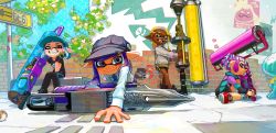 Rule 34 | 4girls, against wall, asymmetrical hair, chain-link fence, dark-skinned female, dark skin, fangs, fence, hanako515 ika, hat, headband, highres, inkling, inkling girl, inkling player character, jellyfish (splatoon), looking at viewer, multiple girls, nintendo, open mouth, plant, pointy ears, poster (medium), poster (object), purple hair, road sign, sign, sitting, smile, splat roller (splatoon), splatoon (series), splatoon 2, teeth, tentacle hair, vines, wariza, wavy mouth, weapon