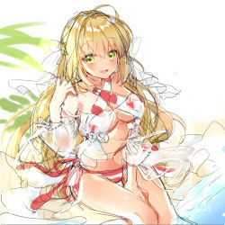 Rule 34 | 1girl, ahoge, between legs, bikini, blonde hair, breasts, criss-cross halter, day, fate/grand order, fate (series), green eyes, hair between eyes, hair down, halterneck, hand between legs, hand in own hair, hand up, large breasts, long hair, looking at viewer, nero claudius (fate), nero claudius (fate) (all), nero claudius (swimsuit caster) (fate), nero claudius (swimsuit caster) (third ascension) (fate), ocean, open mouth, outdoors, pingo, red bikini, side-tie bikini bottom, sitting, sketch, smile, soaking feet, solo, swimsuit, tsurime, white bikini