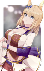 Rule 34 | 1girl, absurdres, animal ears, blonde hair, blue eyes, blush, bow, breasts, choker, cleavage, closed mouth, collarbone, commentary request, corset, cowboy shot, cropped jacket, ear bow, ear ornament, garter straps, gold city (umamusume), hair between eyes, highres, horse ears, horse girl, jacket, large breasts, long hair, long sleeves, looking at viewer, mefuyaka, midriff, navel, official alternate costume, pendant choker, purple choker, red corset, red shorts, shorts, showgirl skirt, sidelocks, solo, standing, starting future (umamusume), sweat, umamusume, white jacket