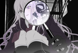 Rule 34 | 1girl, braid, collar, danganronpa (series), dark background, foreshortening, from below, gloves, holding, holding magnifying glass, jacket, kirigiri kyoko, light smile, long hair, looking at viewer, magnifying glass, necktie, parted lips, purple eyes, red necktie, silver hair, solo, squatting, very long hair, vo1ez, white collar
