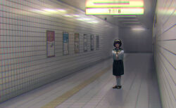 Rule 34 | 1girl, 7th stand user, arms at sides, black hair, brown footwear, ceiling light, chromatic aberration, closed mouth, commentary, english commentary, exit sign, female protagonist (7th stand user), fluorescent lamp, full body, green sailor collar, green skirt, hairband, jojo no kimyou na bouken, kneehighs, loafers, long sleeves, neckerchief, pleated skirt, poster (object), sailor collar, school uniform, serafuku, shirt, shoes, short hair, skirt, smile, socks, solo, standing, subway station, tactile paving, the exit 8, tile floor, tile wall, tiles, tunnel, white shirt, white socks, wide shot, yellow hairband, yellow neckerchief, yoi okayu