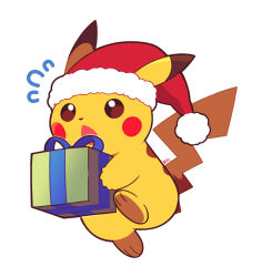 Rule 34 | artsy-rc, christmas, christmas present, creatures (company), flying sweatdrops, full body, game freak, gen 1 pokemon, gift, hat, highres, nintendo, open mouth, pikachu, pokemon, pokemon (creature), santa hat, signature, simple background, white background