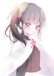 Rule 34 | 1girl, ame usari, black hair, black jacket, blush, butterfly hair ornament, cape, closed mouth, commentary, hair ornament, highres, jacket, kimetsu no yaiba, long hair, looking at viewer, purple eyes, side ponytail, simple background, smile, solo, symbol-only commentary, tsuyuri kanao, upper body, white background, white cape