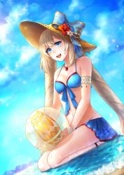 Rule 34 | 1girl, :d, ball, beachball, bikini, bikini skirt, blue bikini, blue bow, blue eyes, blue skirt, blue sky, bow, breasts, cleavage, cloud, collarbone, day, dutch angle, fate/grand order, fate (series), flower, front-tie bikini top, front-tie top, full body, hat, hat bow, hat flower, hibiscus, highres, holding, holding ball, jewelry, kkkok a, kneeling, long hair, marie antoinette (fate), marie antoinette (fate/grand order), marie antoinette (swimsuit caster) (fate), marie antoinette (swimsuit caster) (third ascension) (fate), medium breasts, necklace, open mouth, outdoors, pleated skirt, red flower, silver hair, skirt, sky, smile, solo, striped, striped bow, sun hat, sunlight, swimsuit, twintails, very long hair, white flower, yellow hat