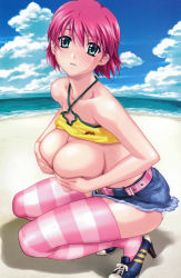 Rule 34 | 00s, 1girl, absurdres, bare shoulders, beach, belt, blush, breast hold, breasts, cleavage, clothes lift, covering breasts, covering privates, day, denim, denim skirt, green eyes, halterneck, happoubi jin, high heels, highres, iihara nao, large breasts, looking at viewer, miniskirt, panties, pantyshot, parted lips, pink hair, resort boin, scan, shiny skin, shirt lift, shoes, short hair, skirt, solo, squatting, striped clothes, striped thighhighs, thighhighs, underwear, upskirt, white panties