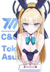 Rule 34 | 1girl, blonde hair, blue archive, blue eyes, bow, bowtie, breasts, detached collar, english text, halo, jamongssui, korean text, looking at viewer, medium breasts, rabbit ears, simple background, solo, toki (blue archive), toki (bunny) (blue archive), white background, wrist cuffs