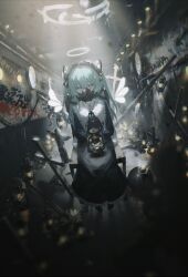 Rule 34 | 1girl, absurdres, aqua eyes, aqua hair, black dress, blurry, commentary, cross, cross necklace, dress, frilled dress, frills, full body, gas mask, graffiti, hair between eyes, halo, hatsune miku, highres, indoors, jewelry, konya karasue, lantern, long dress, long hair, looking at viewer, maid headdress, mask, necklace, on chair, sitting, solo, tunnel, twintails, ventilation fan, vocaloid, wings