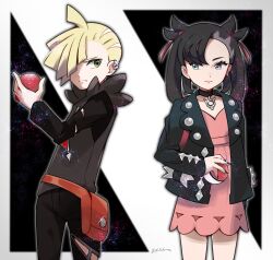 Rule 34 | 1boy, 1girl, bad id, bad pixiv id, black background, black hair, blonde hair, creatures (company), ear piercing, game freak, ggyoku, gladion (pokemon), hair over one eye, highres, holding, holding poke ball, hood, hoodie, jacket, looking at another, marnie (pokemon), nail polish, nintendo, open clothes, open jacket, piercing, poke ball, poke ball (basic), pokemon, pokemon sm, pokemon swsh, signature, sparkle, torn clothes, two-tone background, white background