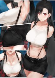 Rule 34 | 1girl, akitaka akita, armpits, arms up, ass, bare shoulders, belt, black hair, black skirt, blush, breasts, cleavage, close-up, earrings, elbow gloves, final fantasy, final fantasy vii, fingerless gloves, gloves, half-closed eyes, highres, jewelry, large breasts, long hair, low-tied long hair, midriff, navel, open mouth, pantylines, parted lips, pencil skirt, red eyes, skirt, solo, steam, suspender skirt, suspenders, tank top, tifa lockhart