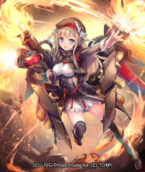 Rule 34 | 1girl, blue eyes, breasts, brown hat, canister, dress, flamethrower, full body, gun, hat, hokuyuu, holding, holding gun, holding weapon, light brown hair, long hair, long sleeves, looking at viewer, medium breasts, official art, open mouth, outstretched arm, pinafore dress, skirt, sleeveless, sleeveless dress, solo, thighhighs, weapon, white skirt, wixoss