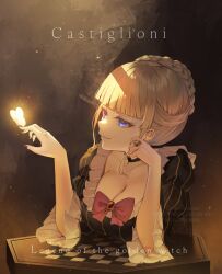 1girl artist_name beatrice_(umineko) black_choker black_dress blonde_hair blue_eyes blunt_bangs board_game bow braid braided_bun breasts bug butterfly chess choker cleavage collarbone commentary_request copyright_name dress dress_bow english_text frilled_choker frilled_dress frills grey_background hair_bun hand_on_own_cheek hand_on_own_face hands_up highres insect jewelry looking_to_the_side pepeo pink_bow purple_nails ring short_hair sidelocks solo umineko_no_naku_koro_ni upper_body witch yellow_butterfly