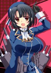 Rule 34 | 1girl, adapted turret, ascot, beret, black gloves, black hair, breasts, cannon, gloves, hat, kantai collection, large breasts, machinery, military, military uniform, plaid, plaid background, red background, red eyes, short hair, smile, solo, takao (kancolle), tamagawa yukimaru, turret, uniform, white ascot