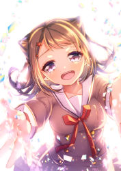 Rule 34 | 1girl, :d, bang dream!, brown dress, brown hair, buttons, commentary request, cone hair bun, confetti, crying, double-breasted, dress, hair bun, hanasakigawa school uniform, happy tears, highres, long sleeves, looking at viewer, medium hair, neck ribbon, open mouth, outstretched arms, purple eyes, red eyes, ribbon, sailor dress, school uniform, smile, solo, star (symbol), tears, toyama kasumi, tsurugi hikaru