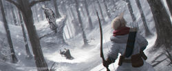 Rule 34 | arrow (projectile), blonde hair, bow (weapon), brown gloves, cloak, coat, dutch angle, fantasy, folded ponytail, footprints, forest, from behind, fur trim, ginho, gloves, highres, holding, lying, nature, on back, on ground, original, outdoors, quiver, red scarf, scarf, snow, snowing, tree, weapon, white coat