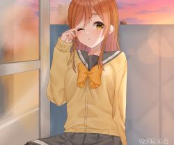 Rule 34 | 1girl, artist name, artist request, blush, bow, bowtie, breasts, brown eyes, brown hair, buttons, cardigan, cloud, collarbone, eyebrows, female focus, grey sailor collar, grey skirt, hair between eyes, highres, kunikida hanamaru, layered skirt, light brown hair, long hair, long sleeves, looking at viewer, love live!, love live! sunshine!!, miniskirt, one eye closed, orange bow, outdoors, parted lips, plaid, plaid skirt, pleated, pleated skirt, rubbing eyes, sailor collar, school uniform, skirt, sky, sleeves past wrists, small breasts, smile, solo, sunset, sweater, uranohoshi school uniform, yellow cardigan, yellow eyes, yellow sweater