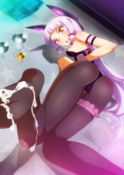Rule 34 | 10s, 1girl, ass, breasts, cum, cum on body, cum on lower body, feet, highres, kantai collection, long hair, murakumo (kancolle), no shoes, pantyhose, purple hair, rbx lamen, reflection, small breasts, soles, solo