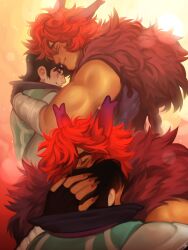 Rule 34 | 2boys, animal ears, aphelios, bandaged arm, bandages, bara, beard stubble, biceps, black hair, cape, closed eyes, couple, durani art, facial hair, fingernails, fur cape, hand on another&#039;s back, hands on another&#039;s head, height difference, highres, hug, league of legends, long fingernails, male focus, multiple boys, multiple views, muscular, muscular male, red hair, red nails, sett (league of legends), short hair, smile, stubble, upper body, wavy hair, yaoi