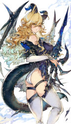 Rule 34 | 1girl, blonde hair, blush, breasts, commentary, commission, curled horns, curly hair, dragon girl, dragon horns, dragon tail, dragon wings, feet out of frame, hair between eyes, highres, holding, holding sword, holding weapon, horns, kemomin nosuke, large breasts, long hair, looking to the side, original, skeb commission, solo, sword, tail, thighhighs, wavy hair, weapon, white thighhighs, wings, yellow eyes