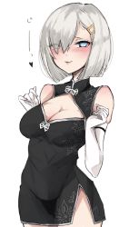 Rule 34 | 1girl, alternate costume, black dress, blue eyes, breasts, chigasaki yukari, china dress, chinese clothes, cleavage, cleavage cutout, clothing cutout, commentary request, cowboy shot, dress, elbow gloves, gloves, hair ornament, hair over one eye, hairclip, hamakaze (kancolle), highres, kantai collection, large breasts, looking at viewer, short hair, silver hair, simple background, smile, solo, white background, white gloves