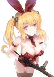 1girl absurdres animal_ears blonde_hair breasts commentary detached_collar fake_animal_ears girls&#039;_frontline gloves grin gun highres holding holding_gun holding_weapon large_breasts leotard long_hair looking_at_viewer looking_up martinreaction necktie playboy_bunny rabbit_ears red_gloves red_leotard red_necktie simple_background smile solo sten_gun sten_mkii_(girls&#039;_frontline) strapless strapless_leotard submachine_gun twintails weapon white_background yellow_eyes