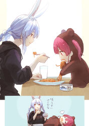 Rule 34 | 2girls, absurdres, aged down, alternate costume, animal ear fluff, animal ears, bell pepper, bell pepper slice, black hoodie, blue hair, braid, closed mouth, cup, drinking glass, eating, food, food on face, fork, hand up, highres, holding, hololive, hood, hood down, hoodie, houshou kumarine, houshou marine, indoors, long sleeves, multicolored hair, multiple girls, napolitan, on table, open mouth, pasta, pet food, plate, rabbit ears, red hair, short eyebrows, sidelocks, sitting, sleeping, spaghetti, streaked hair, table, thick eyebrows, translation request, twin braids, twintails, usada pekora, virtual youtuber, white hair, yami ara