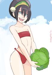 Rule 34 | 1girl, 2020, artist name, avatar: the last airbender, avatar legends, bikini, black hair, blue eyes, blush, cabbage, cloud, cowboy shot, feet out of frame, female focus, food, green hairband, hair between eyes, hairband, holding, holding food, holding vegetable, open mouth, outdoors, pom pom (clothes), red bikini, short hair, sidelocks, sky, small hips, smile, solo, sooperman, standing, strapless, strapless bikini, swimsuit, teeth, thighs, toph bei fong, upper teeth only, vegetable