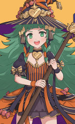 Rule 34 | 1girl, black dress, black hair, blunt bangs, braid, broom, candy, commentary, cowboy shot, dress, female focus, fire emblem, fire emblem: three houses, fire emblem heroes, flat chest, food, gonzarez, green eyes, green hair, halloween costume, hat, highres, long hair, looking at viewer, matching hair/eyes, multicolored hair, nintendo, official alternate costume, open mouth, orange hair, pointy ears, puffy short sleeves, puffy sleeves, short sleeves, simple background, smile, solo, sothis (fire emblem), striped, twin braids, very long hair, witch hat, wristband, yellow background