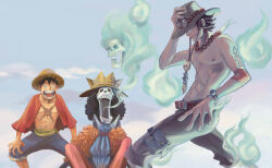 3boys afro arm_tattoo ascot black_hair blue_ascot blue_shorts brook_(one_piece) brothers commentary_request crown devil_fruit_power elbow_pads freckles hand_on_own_hat hat jewelry koga_(017) monkey_d._luffy multiple_boys necklace one_piece open_mouth pearl_necklace portgas_d._ace sash scar scar_on_chest shorts siblings single_elbow_pad skeleton smile straw_hat tattoo topless_male yellow_sash