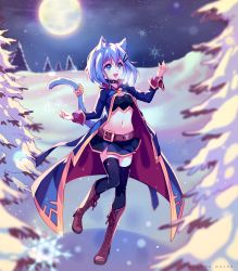 Rule 34 | 1girl, animal ears, artist name, belt, black skirt, black tank top, black thighhighs, blue coat, blue hair, boots, breath, brown footwear, cat ears, cat tail, choker, coat, commission, freckles, full body, full moon, hair ornament, hairclip, highres, hyanna-natsu, jewelry, knee boots, midriff, miniskirt, moon, navel, night, night sky, open mouth, original, outdoors, ring, short hair, skirt, sky, smile, snow, solo, star (sky), tail, tail ornament, tail ring, tank top, thighhighs, tree