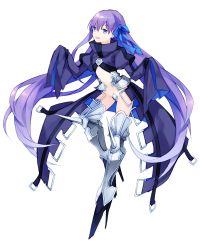 Rule 34 | 10s, 1girl, armor, blue eyes, boots, fate/extra, fate/extra ccc, fate (series), greaves, hair ribbon, long hair, meltryllis (fate), midriff, navel, purple hair, ribbon, simple background, sleeves past wrists, solo, spikes, thigh boots, thighhighs, very long hair, white background, wowishi
