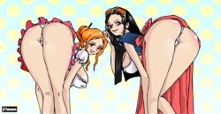 Rule 34 | 2girls, ass, breasts, huge ass, large breasts, long hair, multiple girls, nami (one piece), nami (one piece) (whole cake island), nico robin, nipples, one piece, smile, thick thighs, thighs, tlalockarte, wide hips