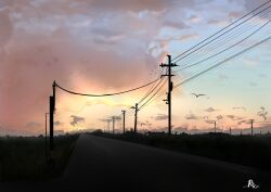 Rule 34 | absurdres, bird, chinese commentary, cloud, commentary, highres, no humans, original, outdoors, road, rune xiao, scenery, signature, simple bird, sky, sunset, utility pole