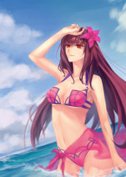 Rule 34 | 1girl, adapted costume, bare shoulders, bikini, blue sky, breasts, brown hair, cleavage, cloud, cloudy sky, collarbone, cowboy shot, day, fate/grand order, fate (series), flower, hair flower, hair ornament, hand to head, hand up, hibiscus, highres, large breasts, long hair, looking away, mao mao wansui, navel, ocean, open mouth, outdoors, purple bikini, red eyes, sarong, scathach (fate), scathach (fate/grand order), scathach (swimsuit assassin) (fate), sidelocks, sky, smile, solo, stomach, swimsuit, underboob, wading, water