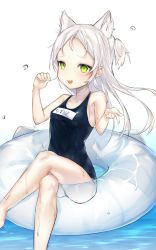 Rule 34 | 1girl, :3, animal ears, armpit peek, azur lane, bare shoulders, cat ears, commentary, crossed legs, floating, forehead, green eyes, highres, innertube, jf tya, looking at viewer, open mouth, parted bangs, pointing, school swimsuit, sims (azur lane), sitting, solo, swim ring, swimsuit, water, water drop, wet, white hair