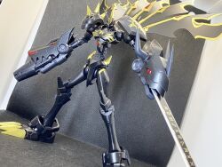 Rule 34 | cannon, claws, digimon, digimon (creature), horns, looking at viewer, omegamon zwart, photo (medium), red eyes, solo, spikes, sword, weapon
