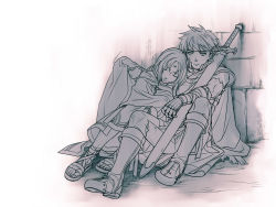 Rule 34 | 2boys, against wall, armor, bandages, bandana, black hair, boots, cape, facial mark, fingerless gloves, fire emblem, fire emblem: path of radiance, frown, full body, gloves, ike (fire emblem), kobashi (hodohodo), leaning on person, leaning to the side, long hair, monochrome, multiple boys, nintendo, pauldrons, ragnell, sandals, sheath, sheathed, short hair, shoulder armor, shoulder rest, side-by-side, sitting, sleeping, sleeping on person, soren (fire emblem), sword, torn clothes, torn sleeves, weapon, yaoi