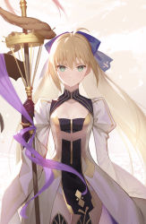Rule 34 | 1girl, ahoge, artoria caster (fate), artoria caster (third ascension) (fate), artoria pendragon (fate), bad id, bad twitter id, blonde hair, breasts, cleavage, collarbone, commentary request, cowboy shot, dress, eyes visible through hair, fate/grand order, fate (series), gloves, green eyes, hair between eyes, highres, holding, holding staff, long hair, long sleeves, looking at viewer, panties, siino, small breasts, solo, staff, standing, thighhighs, twintails, underwear