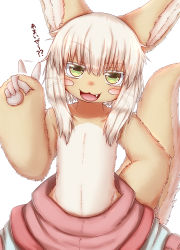 Rule 34 | 1other, afterimage, animal ears, animal hands, blush, blush stickers, body fur, brown eyes, brown fur, collarbone, colored eyelashes, cowboy shot, finger wagging, furry, green eyes, hand on own hip, hand up, head tilt, highres, horizontal pupils, horokusa (korai), index finger raised, japanese text, long hair, looking at viewer, made in abyss, motion lines, multicolored eyes, nanachi (made in abyss), other focus, raised eyebrow, sidelocks, simple background, smug, solo, standing, straight-on, tail, talking, topless, two-tone fur, whiskers, white background, white fur, white hair