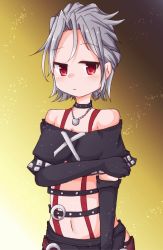 Rule 34 | 00s, 1girl, artist request, bare shoulders, choker, elbow gloves, female focus, final fantasy, final fantasy x, final fantasy x-2, gloves, grey hair, jewelry, navel, necklace, paine, red eyes, solo, standing