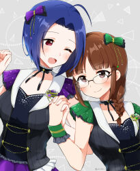 Rule 34 | 2girls, ahoge, akizuki ritsuko, black-framed eyewear, black ribbon, black shirt, blue hair, blush, bow, braid, breasts, brown eyes, brown hair, choker, clenched hand, closed mouth, collarbone, dot nose, frilled jacket, frilled skirt, frills, glasses, green wristband, grey background, hair bow, hair ribbon, hand up, hands up, heads together, highres, holding hands, idolmaster, idolmaster (classic), idolmaster million live!, idolmaster million live! theater days, jacket, large breasts, looking down, looking up, merukyara, miura azusa, multicolored clothes, multicolored jacket, multiple girls, neck ribbon, one eye closed, open mouth, over-rim eyewear, purple ribbon, red eyes, ribbon, semi-rimless eyewear, shirt, short hair, short sleeves, single braid, skirt, smile, staring, striped wristband, triangle, twitter username, two-tone jacket, white choker