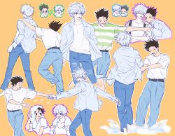 Rule 34 | 12x12, 2boys, aged up, alternate costume, backpack, bag, black hair, blue eyes, collage, cowboy shot, denim, gon freecss, highres, hunter x hunter, jacket, killua zoldyck, long sleeves, male focus, multiple boys, open clothes, open jacket, shirt, shirt tucked in, short hair, simple background, striped clothes, striped shirt, towel, towel around neck, towel on head, white hair, white jacket, white shirt, yaoi, yellow background