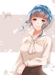 Rule 34 | 1girl, ascot, blue hair, blunt bangs, braid, breasts, brown eyes, buttons, closed mouth, commentary request, crown braid, fire emblem, fire emblem: three houses, floating hair, highres, large breasts, long sleeves, looking at viewer, marianne von edmund, nintendo, shirt, short hair, sidelocks, smile, solo, twitter username, upper body, white ascot, white shirt, yutohiroya