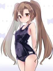 Rule 34 | 1girl, absurdres, black one-piece swimsuit, blush, borrowed character, brown eyes, brown hair, closed mouth, cowboy shot, highres, long hair, looking at viewer, one-piece swimsuit, original, ryogo, school swimsuit, solo, standing, sweatdrop, swimsuit, twintails, white background