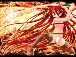 Rule 34 | 00s, 1girl, alastor (shakugan no shana), black thighhighs, cameltoe, censored, convenient censoring, fundoshi, hair censor, hair over breasts, hase yu, japanese clothes, jewelry, katana, kneeling, loincloth, long hair, on one knee, pendant, red eyes, red hair, shakugan no shana, shana, solo, sword, thighhighs, topless, very long hair, weapon, wings