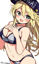 Rule 34 | 1girl, baseball cap, bikini, blonde hair, blue eyes, blue hat, breasts, character name, cleavage, commentary request, cowboy shot, hat, iowa (kancolle), kantai collection, laco soregashi, large breasts, looking at viewer, one-hour drawing challenge, open mouth, round teeth, simple background, solo, star-shaped pupils, star (symbol), swimsuit, symbol-shaped pupils, teeth, twitter username, two-tone bikini, upper teeth only, white background