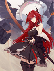 Rule 34 | 1girl, absurdres, arknights, black dress, collar, demon girl, demon horns, dress, highres, holding, holding weapon, horns, jacket, looking at viewer, purple eyes, red hair, slit pupils, sosiick, spiked collar, spikes, surtr (arknights), sword, thighhighs, weapon